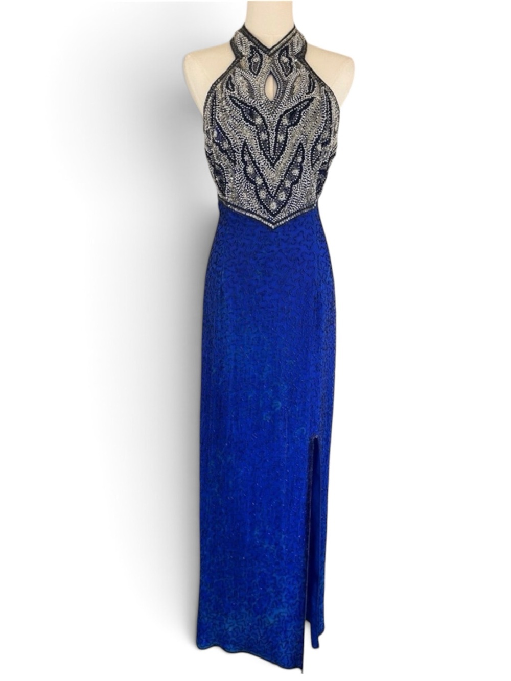 Laurence Kazar Vintage 80s 90s Silk Hand Beaded Evening Gown Formal Maxi Dress S